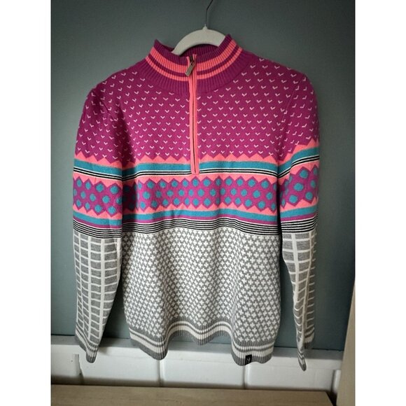 Neve 1/4 Zip Sweater Merino Wool Blend Womens Size L Polka Dot Print Pink - Picture 1 of 7